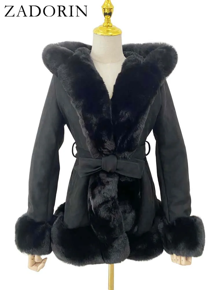 ZADORIN Winter Coat Women 2024 Furry Hood Suede Black Faux Fur Coat With Belt Thick Warm Fur Cardigan Faux Fur Jackets for Women