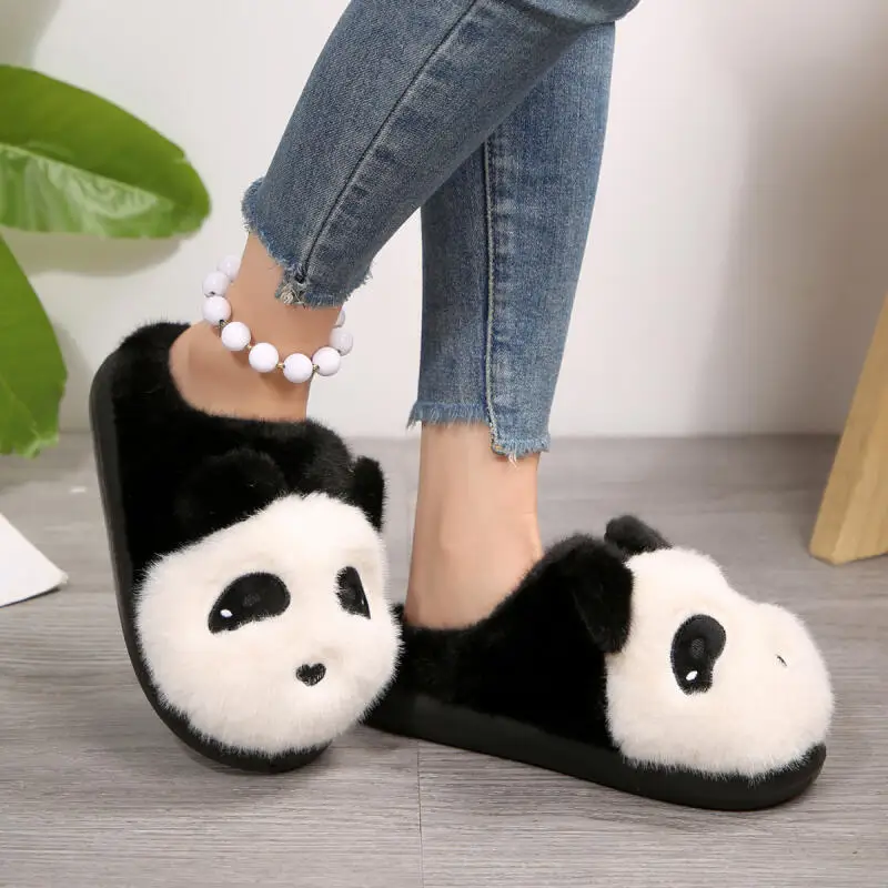 

Cute Panda Fluffy Fur Indoor Slippers Women 2025 Winter Warm Short Plush Flat Heel Home Slippers Comfort Non Slip House Slides