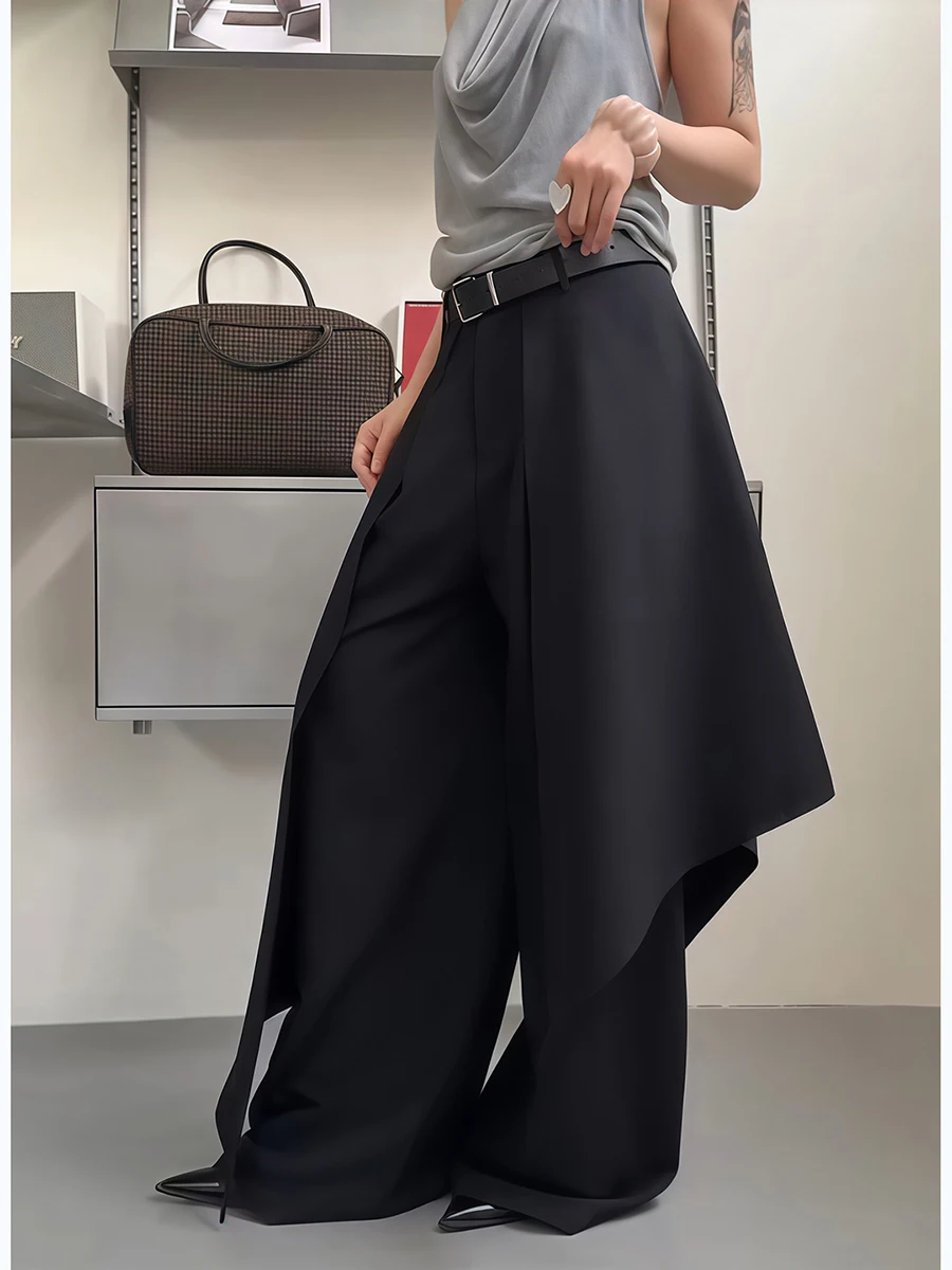 RORORIRI Vrouwen Zwarte Cargo Wijde Pijpen Broek Techwear Koreaanse Lazy Chic Loose Fit Fake Tweedelige Lange Broek Kantoor Outfit