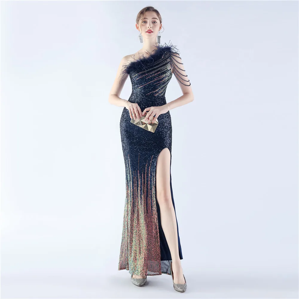 

New gradient sequin craft beaded ostrich feather diagonal collar one-shoulder length evening dress sexy slim dress for women