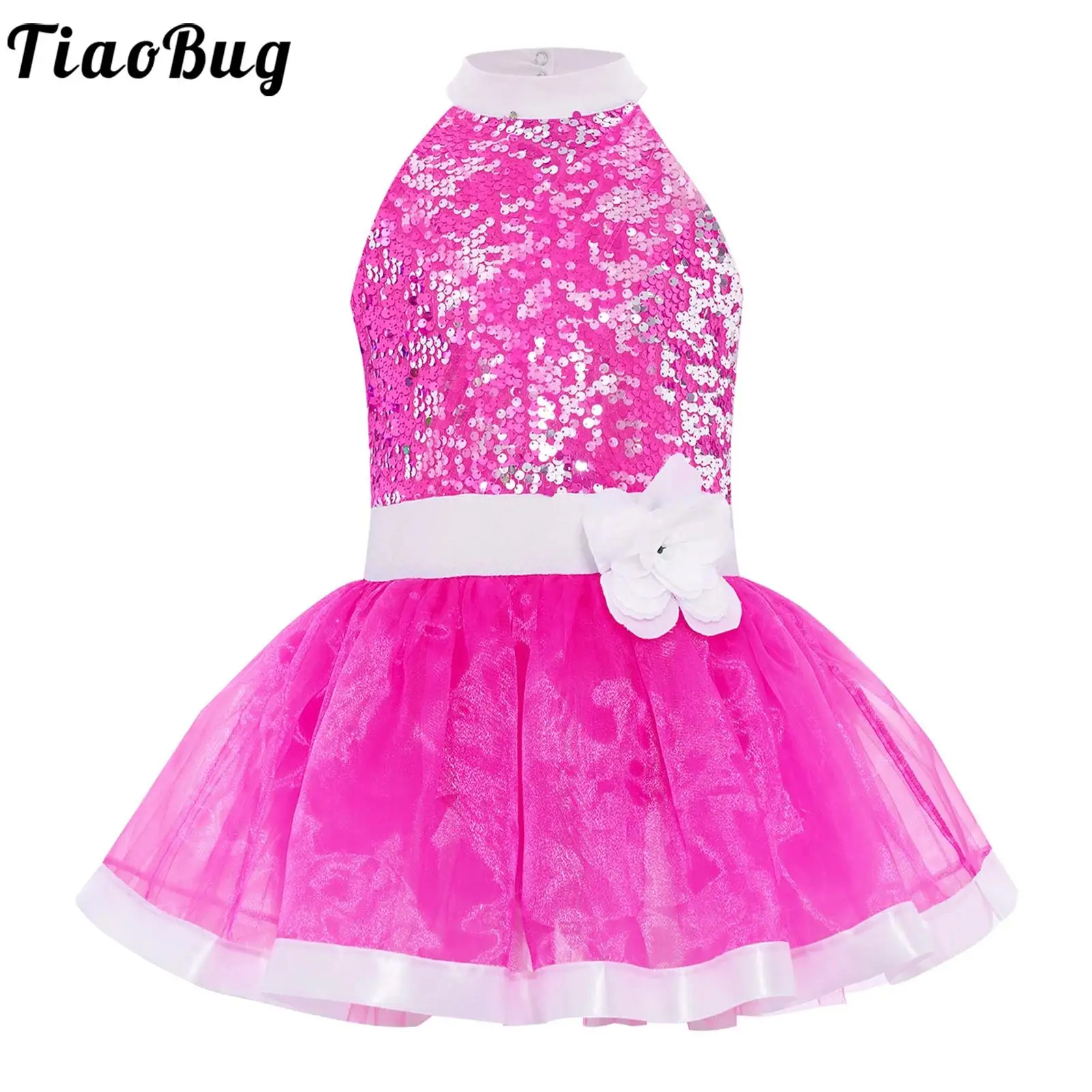 

Kids Girls Sequin Leotard Tutu Dress Sparkly Halter Ballet Leotards Layered Tulle Ballerina Dance Costume for Jazz Tango Cha-cha