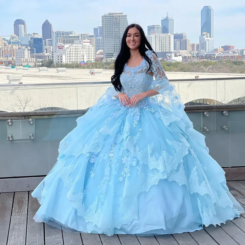 Iridescent Light Blue Ball Gown Floral Beading Lace Quinceanera Dresses Appliques Vestidos De 15 Anos Princess Party Prom