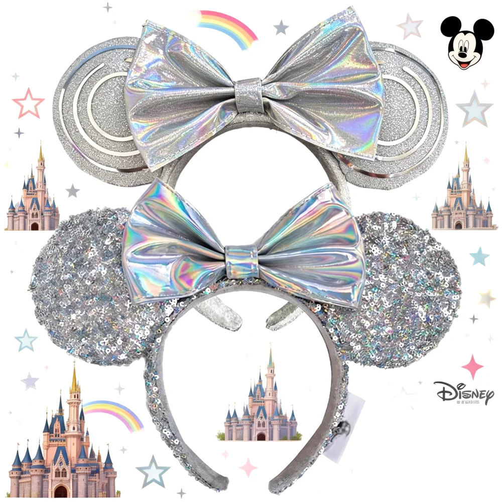

Disney Mickey Mouse Headbands Silver Ear Castle Sequin Bow Hairband Christmas Birthday Party Halloween Cosplay Costume For Women