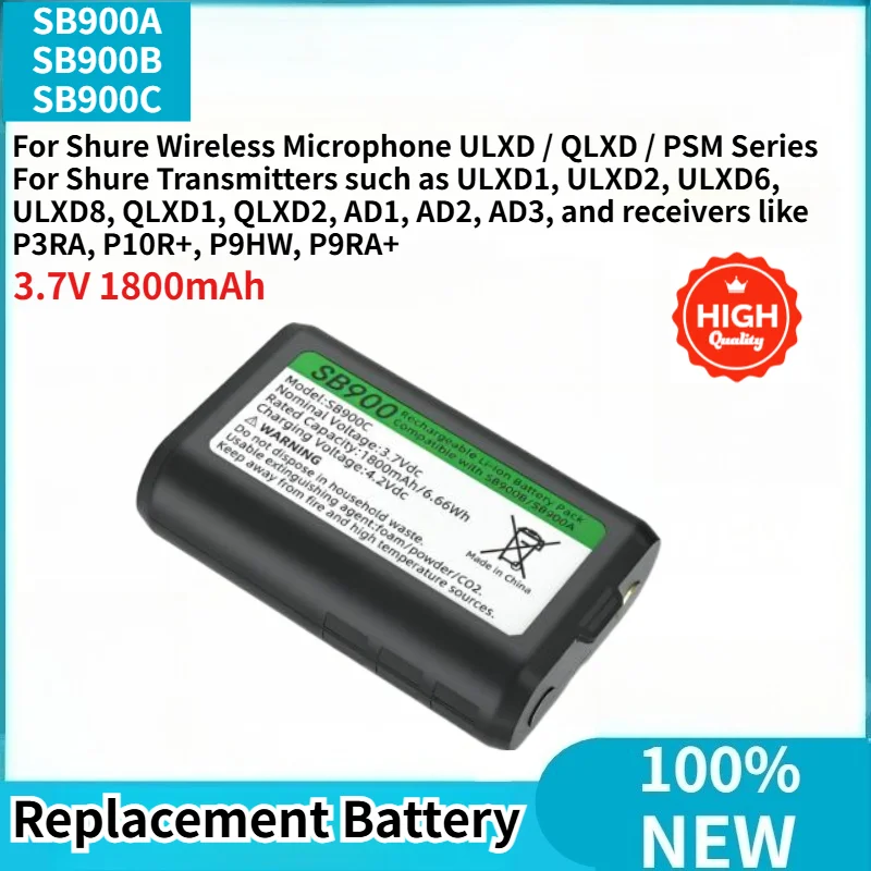 For Shure Wireless Microphone ULXD / QLXD / PSM Series High Quality SB900A SB900B SB900C Replacement Battery 3.7V 1800mAh