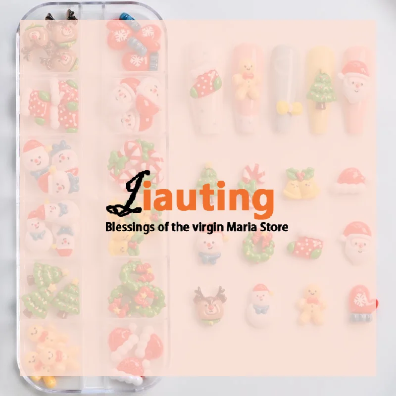 12 Griglia 36/60 Pz Kawaii Mini Pupazzo di Neve Albero di Natale Pendenti e Ciondoli per unghie 3D Renna Babbo Natale Strass per unghie Resina Gemme per unghie di Natale