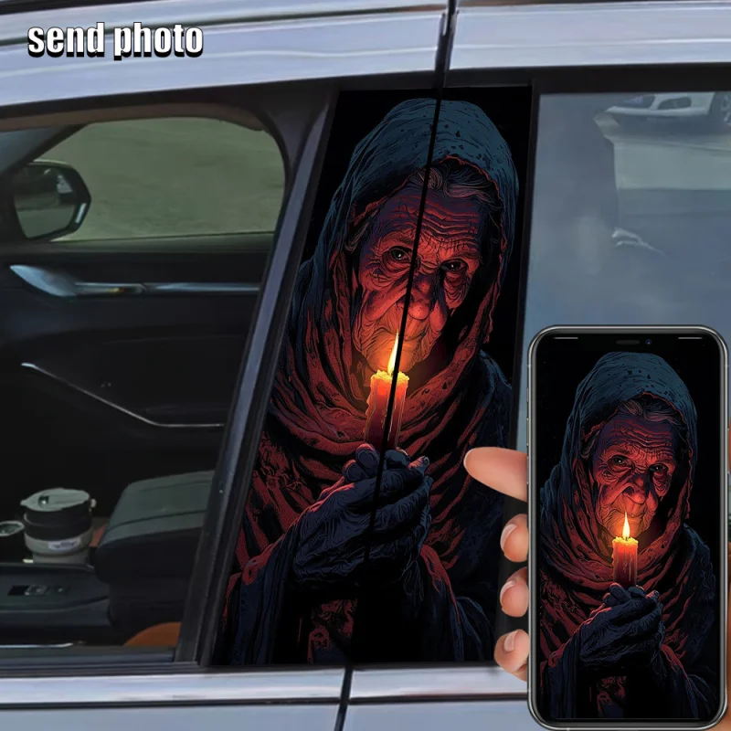 

2 pieces of Elderly Woman Holding Candle car stickers and decorative decals, high-definition printed car B-pillar stickers, pers