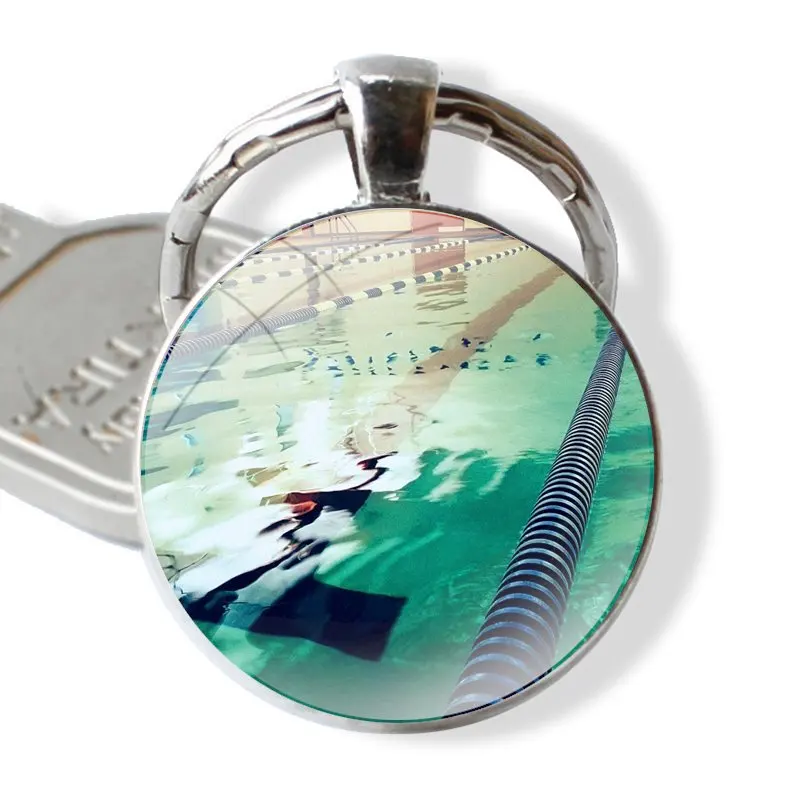 Keychain Handmade Glass Cabochon Key Ring Holder Pendant Key Chains Swimming Pool Lovely