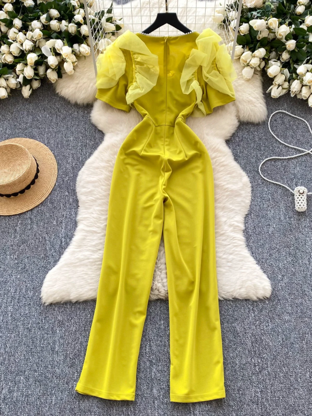 

Slimming High Waist Pants V Ne ort Sve Women's Faionable Embellied Floral Trim Jumpsuit Commute Sle