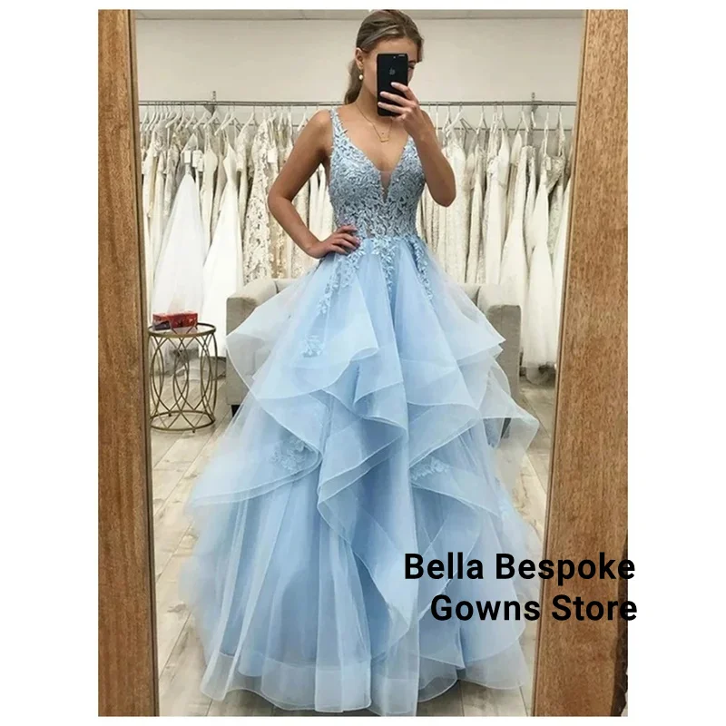 

Lace Embroidery Evening Dress Woman Customized Backless Long Dresses Customized Luxury Dinner Sleeveless Ruffle Edge V-neck