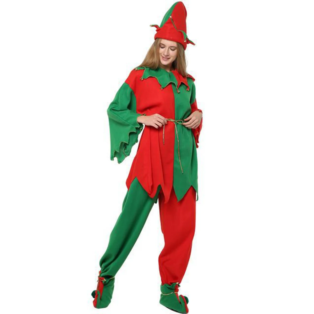 Disfraz de elfo verde para adultos, conjunto de trajes de Navidad, familia, Papá Noel, Halloween, hombres y mujeres