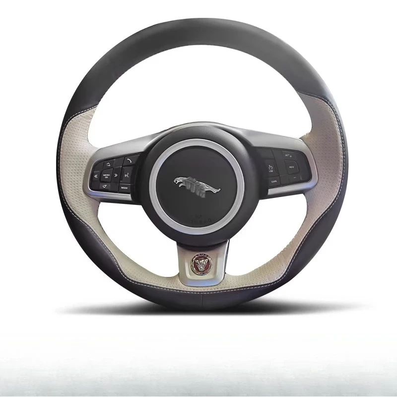 

For Jaguar XFL XE XJL F-PACE XKR E-PACE F-Type DIY Hand Stitched Black white Genuine Leather Car Steering Wheel Cover