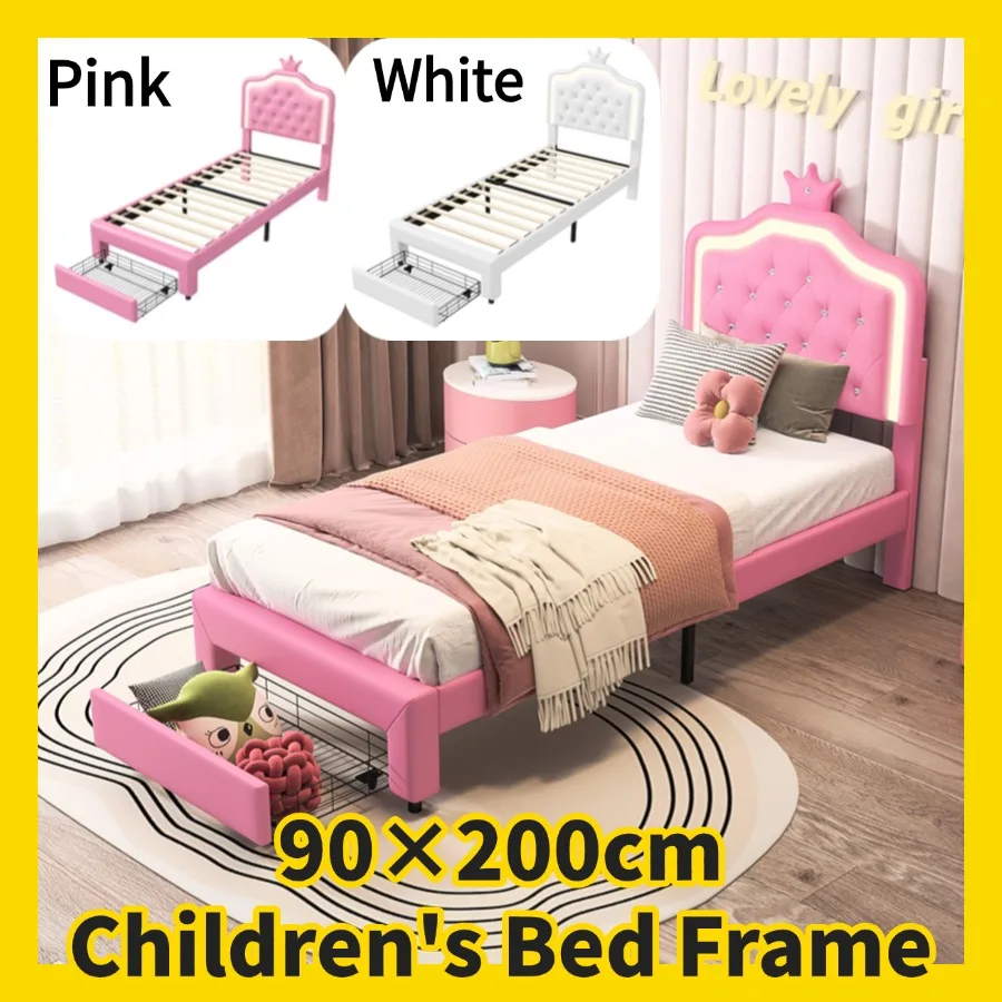 90 × 200Cm Kinderbedframe Met Lade En Licht, Pu-Kroonontwerp Hoofdeinde, Enkel Bedframe, Slaapkamermeubilair, Zonder Matras