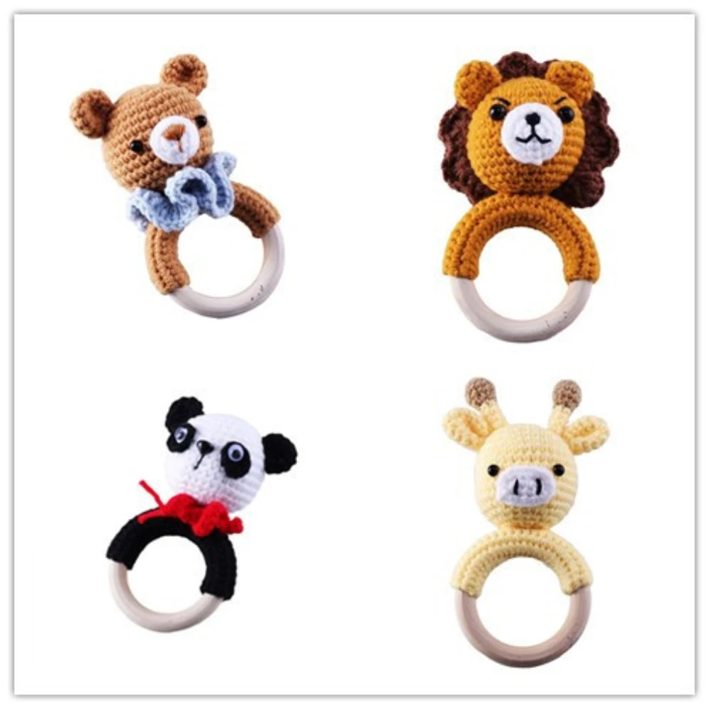 Baby Knitted Rattles Wooden Ring Sound Kodong Animal Ringing Interactive Toys Baby Soothing Doll Handmade Weaving Toys