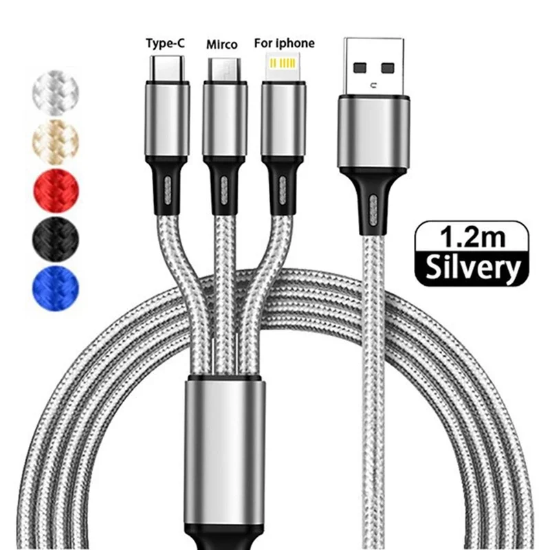 Micro câble USB 3 en 1 de type C pour recharge rapide, cordon de chargeur multi pour iPhone, Huawei, Samsung, en nylon tressé