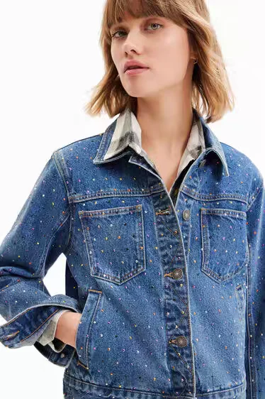 Foreign trade original single Spanish new fashion all match bead denim coat