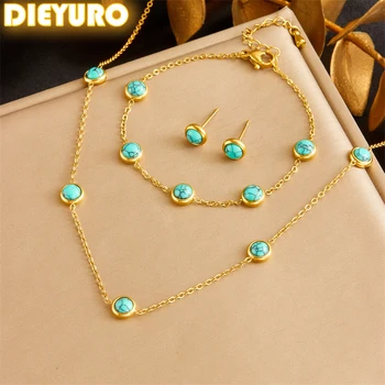 DIEYURO 316L Stainless Steel Round Turquoise Necklace Bracelet Earrings Suit For Womens…
