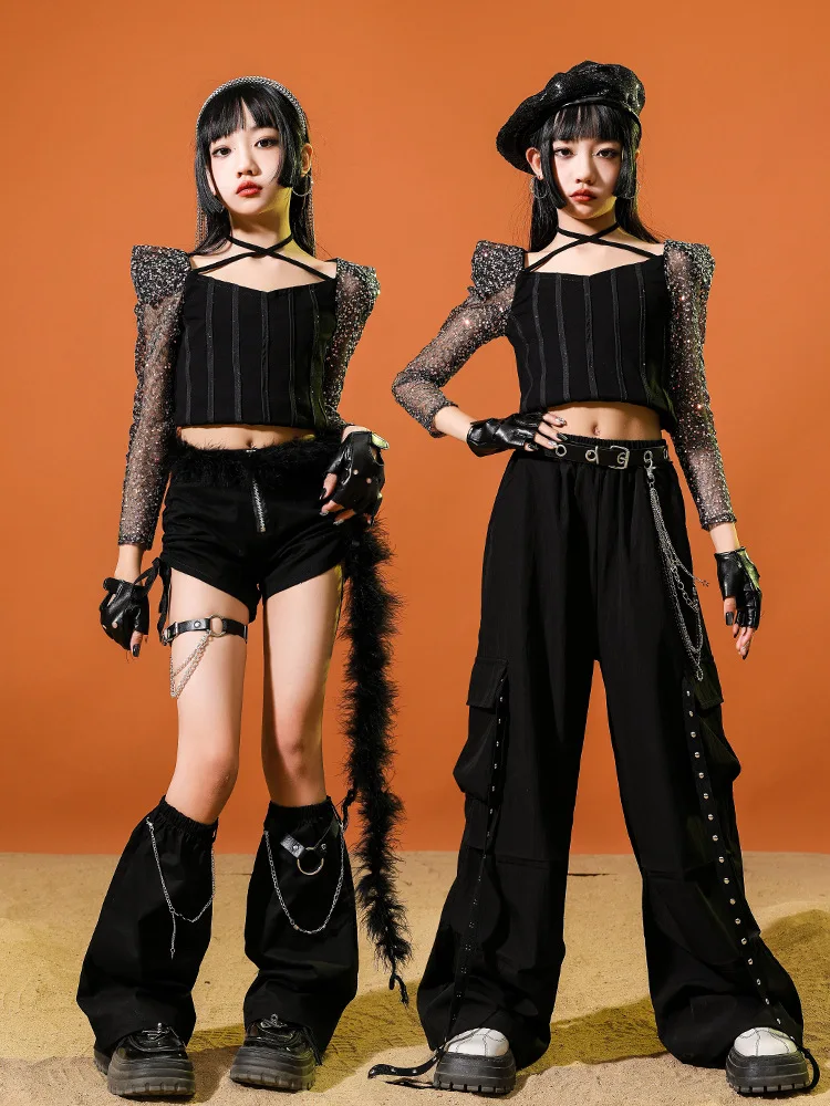 Ropa de baile de Jazz negra Kpop para niñas, Tops brillantes, pantalones, disfraz de competición de Hip Hop, traje de actuación en escenario a la moda para niños