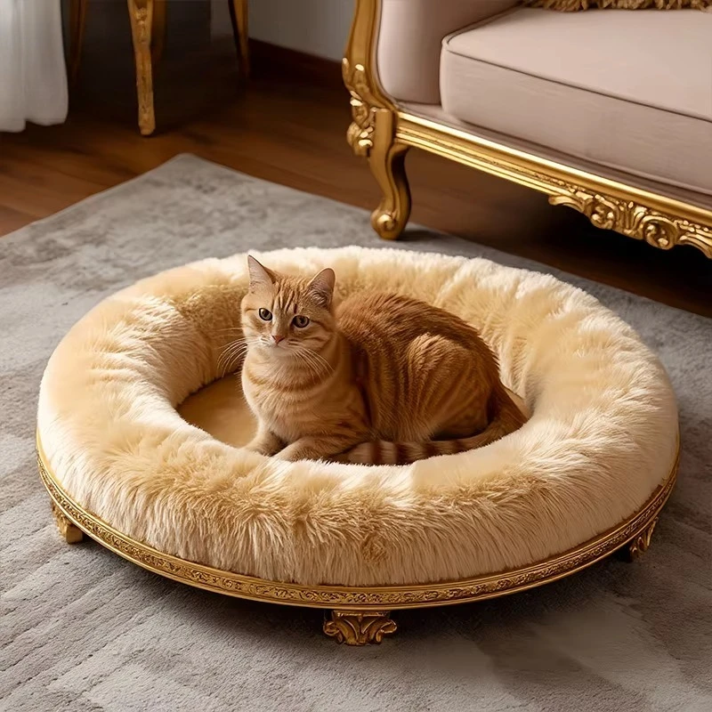 French Circular cat and Dog Bed, Solid Wood Carving, Flower cat and Dog Bed, Plush Luxury Pet, Indoor Small Dog and cat Mat