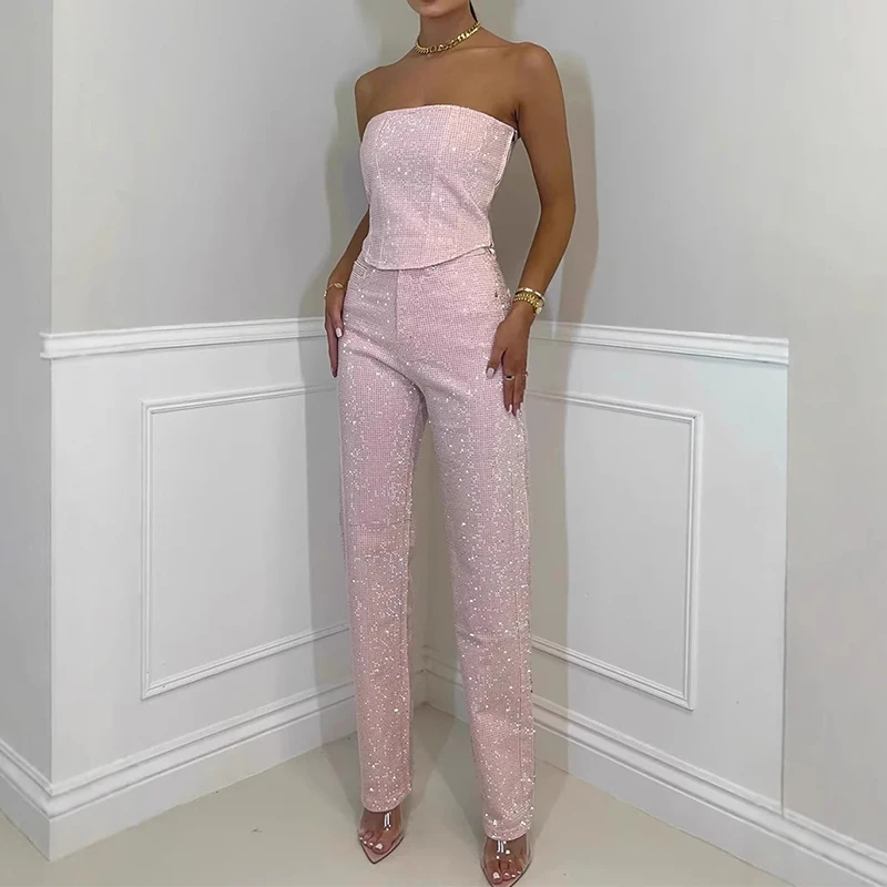 

Elegant Lady High Street Tube Tops Set Spicy Girl Shiny Diamond Vest&Pencil Pants Sets Stylish Slim Pocket Pants Commute Outfits