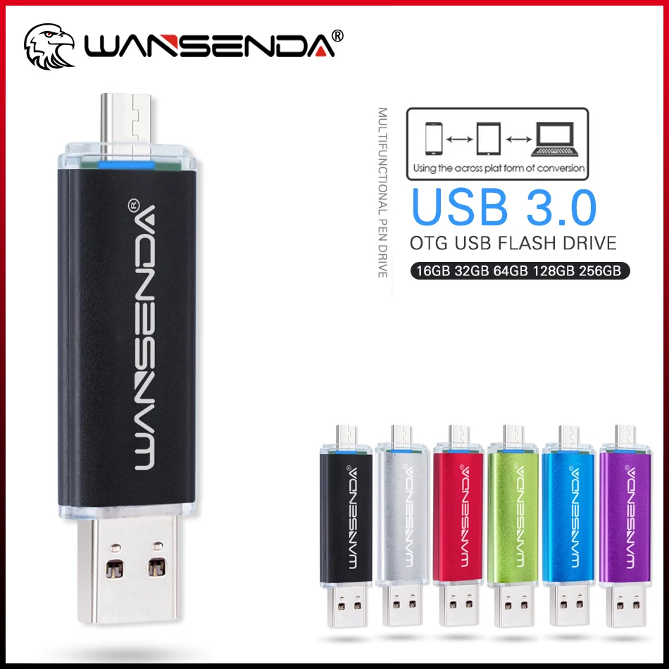 WANSENDA USB 3.0 Flash Drive 16GB 32GB 64GB 128GB 256GB OTG 2 IN 1 Pendrive External Storage MicroUSB Stick for Android System