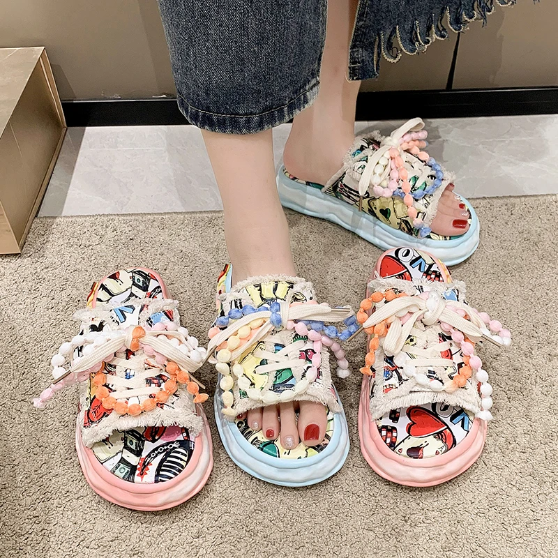 Summer Ladies Slippers Lace-up Canvas Women Shoes Graffiti Hip-Hop Sandals Sweat-absorbing Flat Shoes Purple Women Slippers