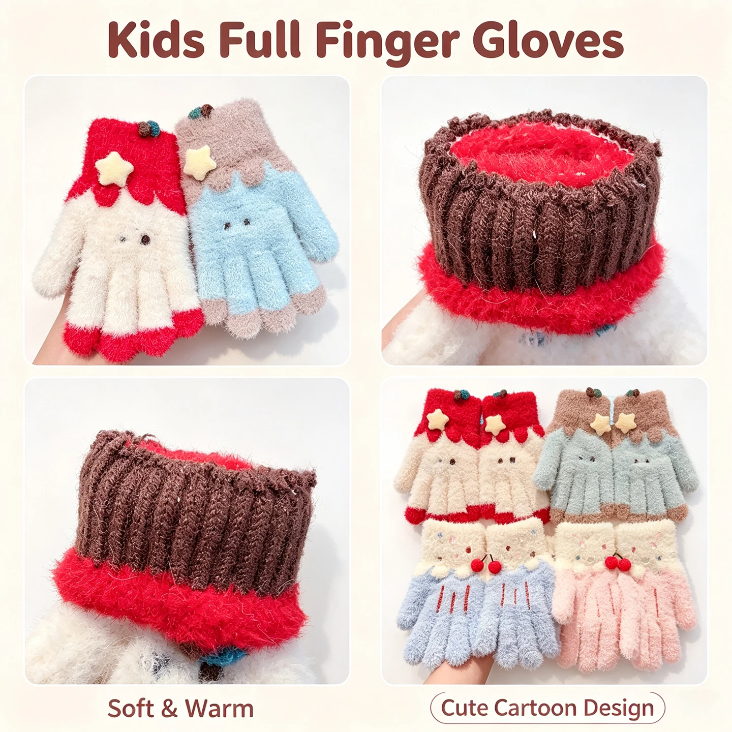 Niedliche Cartoon-Kinderhandschuhe mit Vollfinger-Plüsch, Kirsch-, Geweih- und Stern-Dekor, flauschige gestrickte Handschuhe aus Kunstnerz, warme Winter-Mittens für Mädchen – Detail 2