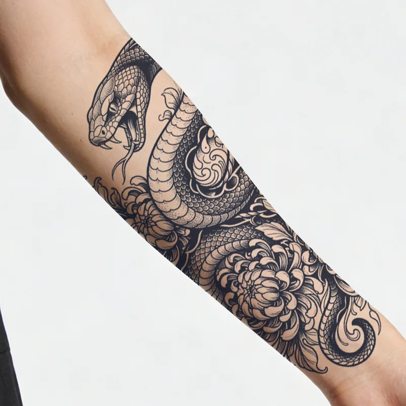 Japanese Snake Chrysanthemum Tattoo Sticker, Temporary Tattoo, New Traditional Floral Herb Juice, Waterproof Long Lasting Arm Le