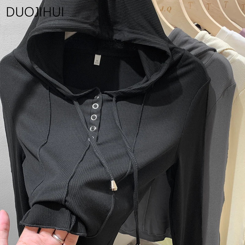 DUOJIHUI Classic Hooded Basic manica lunga t-shirt donna autunno American Chicly coulisse Fashion Button semplici t-shirt femminili