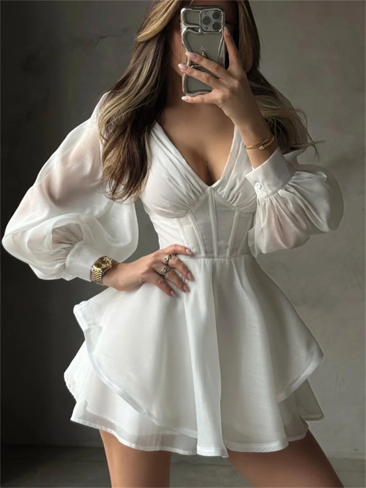 

Tossy Summer White Elegant Mini Dress Women's V-Neck See-Through Slim Ruffled Elegant Evening Partywear Female Patchwork Dress