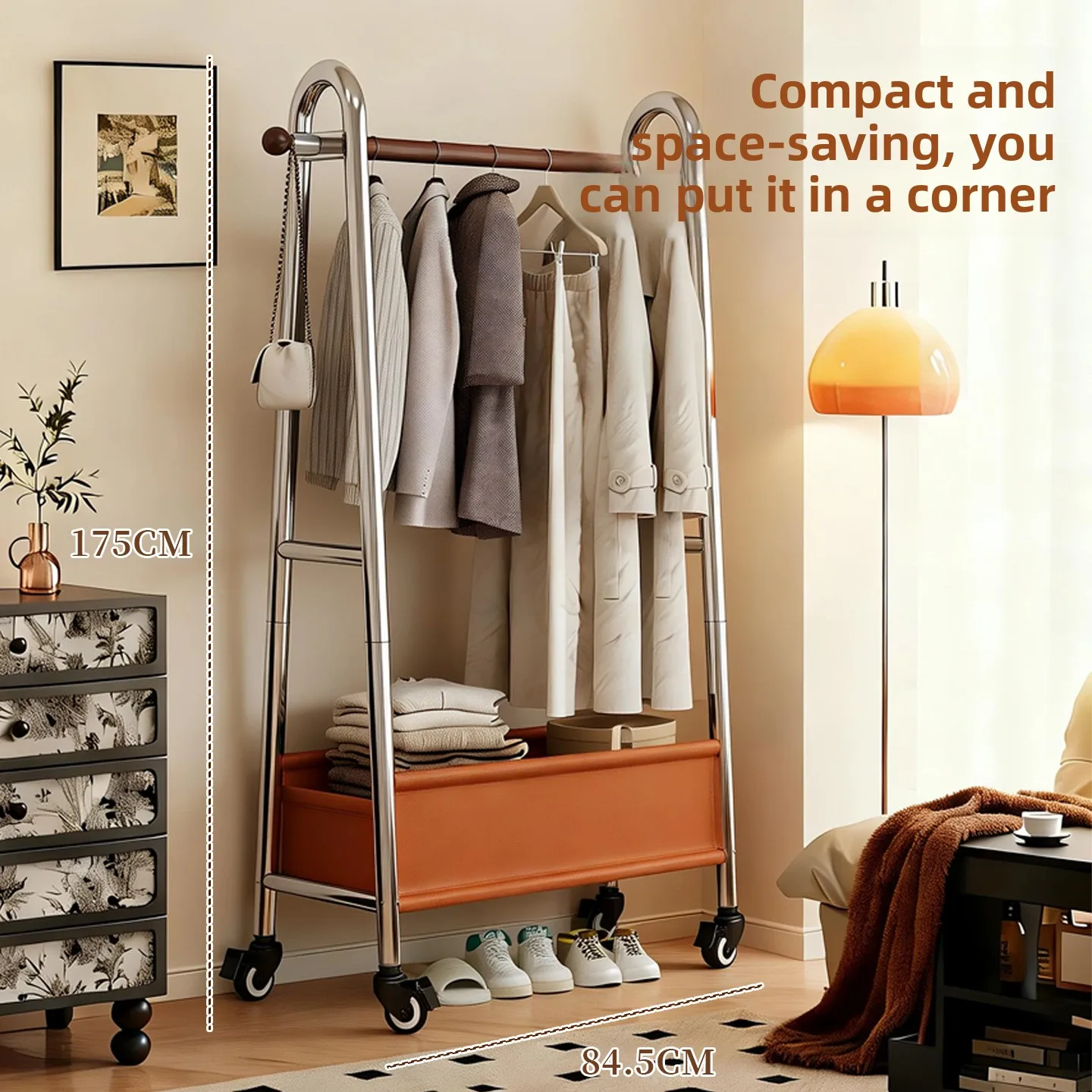 Light luxury solid wood stainless steel coat rack, mobile pulley hanger, double-layer hanger, outerwear rack, large hanger