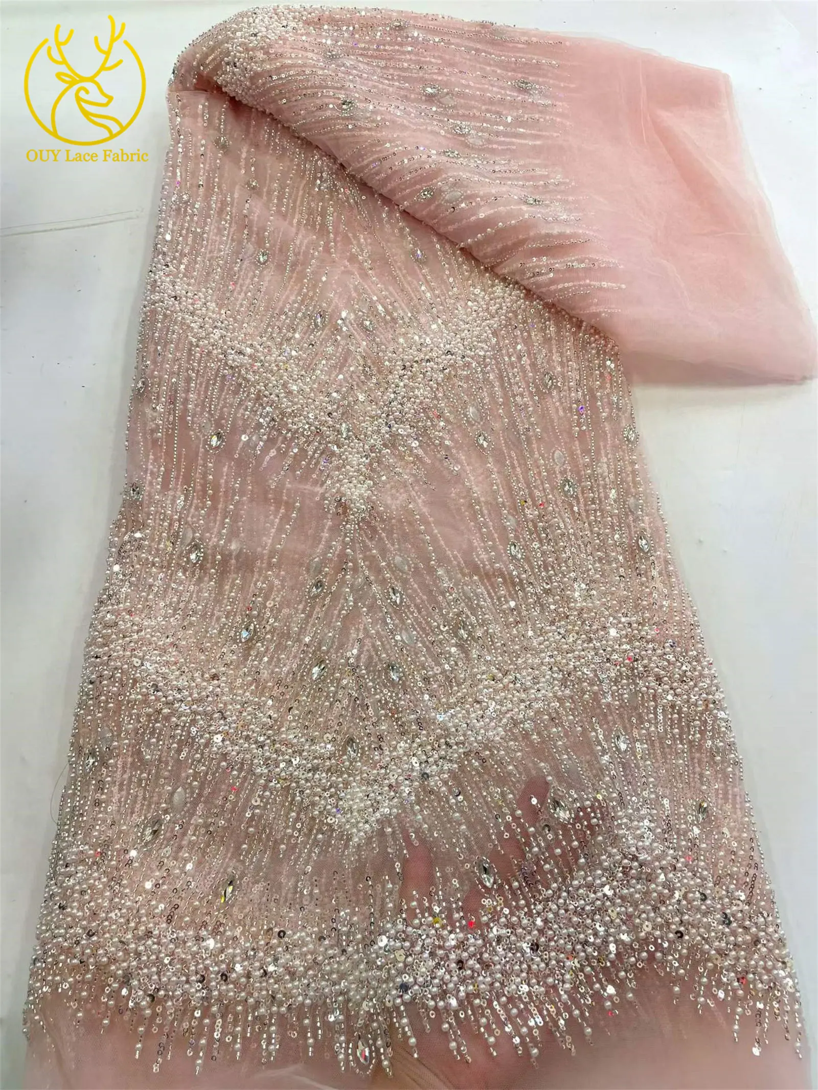 Rosa Hochzeitskleid, afrikanischer Pailletten-Spitzenstoff, 5 Yards, neuer französischer Stein-Pailletten-Tüll-Spitzenstoff für nigerianisches Hochzeitskleid – Detail 12