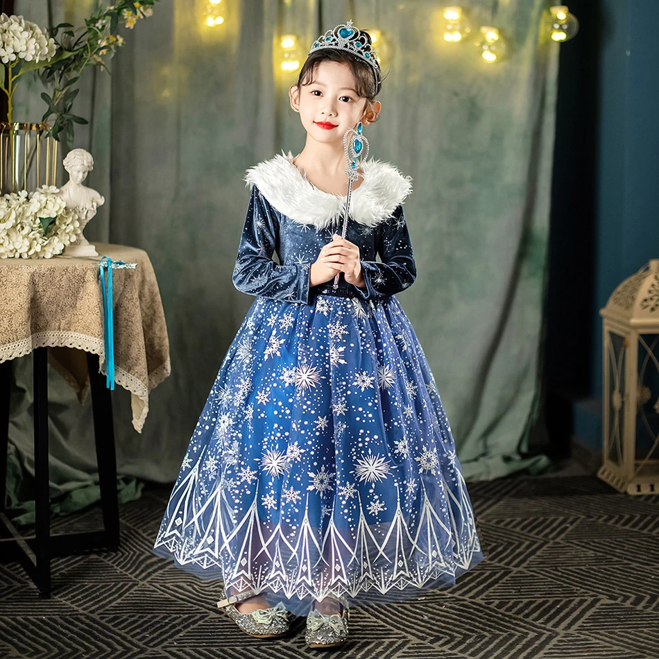 Frozen Winter Elsa Costume for Girl Elza Dress Navy Cosplay Outfit Snow Queen Princess LED Up Halloween Birthday Party Mesh