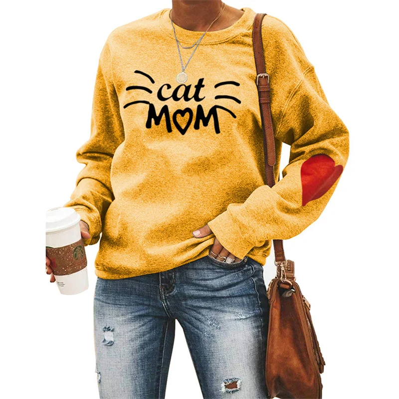 New fashion casual cotton women's blouse cat mom letter-printed long-sleeved vintage crewneck hoodie base shirt