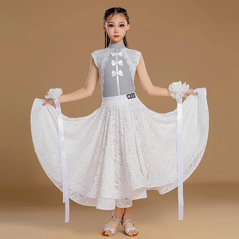 

Детская одежда для современного танца, боди без рукавов и кружевная большая распашная юбка, танцевальная одежда национального стандарта, платье для соревнований по вальсу
