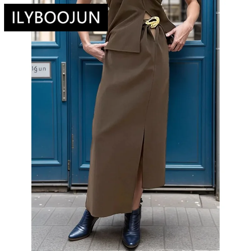 

ILYBOOJUN Solid Spliced Metal Button Chic Skirt For Women High Waist Split Slimming Temperament Skirt Female Fashion Style