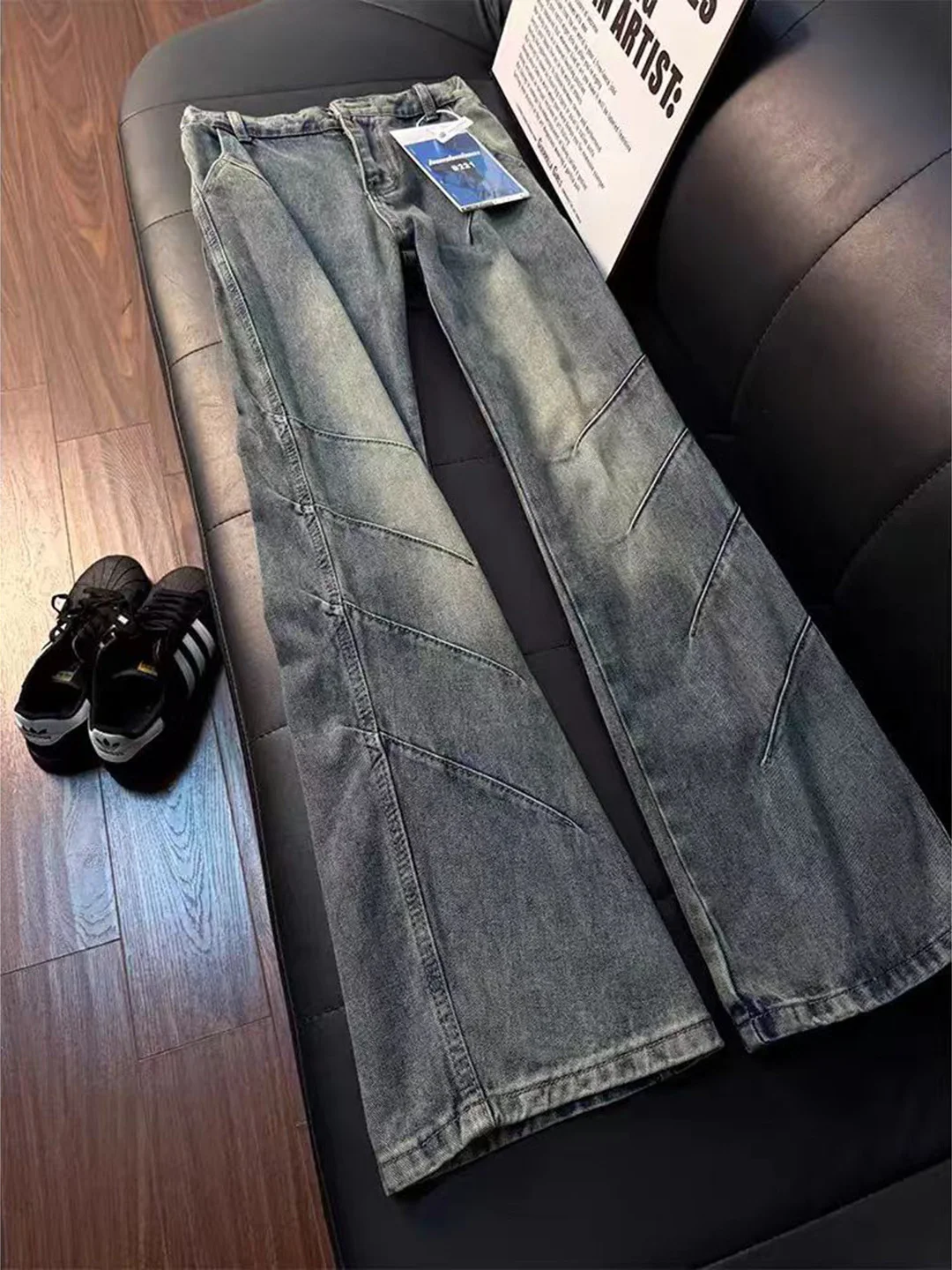 

Retro Blue Men's Slim Fit Jeans Spring Waed Micro Flared Denim Pants High Street Sle Casual Straight Leg Trousers