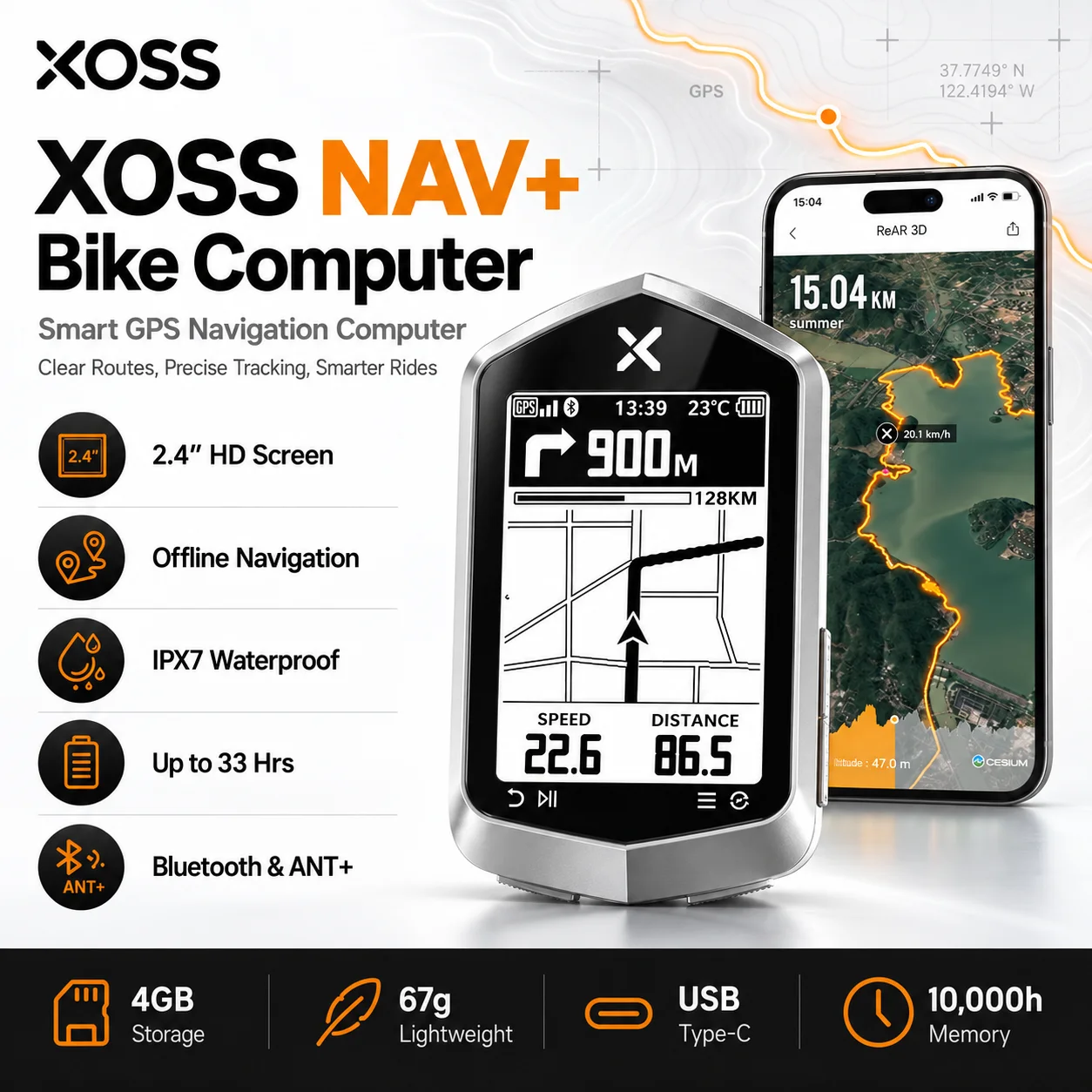 Computer da Bicicletta XOSS NAV+ GPS con Schermo HD da 2, 4 Pollici, Navigazione Offline