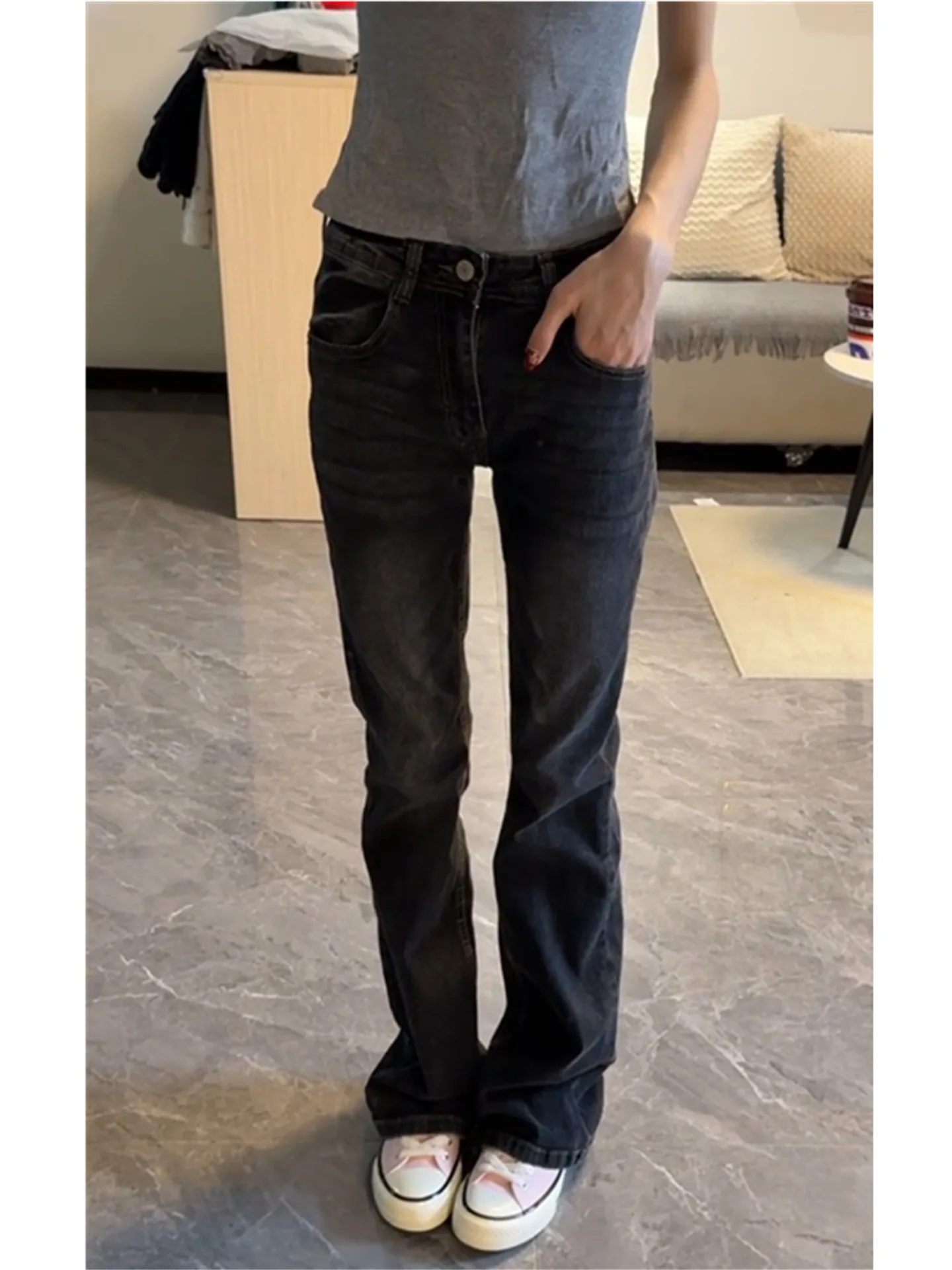 

Retro American Low-Waist Flared Jeans Women's High-Rise Straight Leg Pants Spring Slimming Long Cotton Denim Shorts