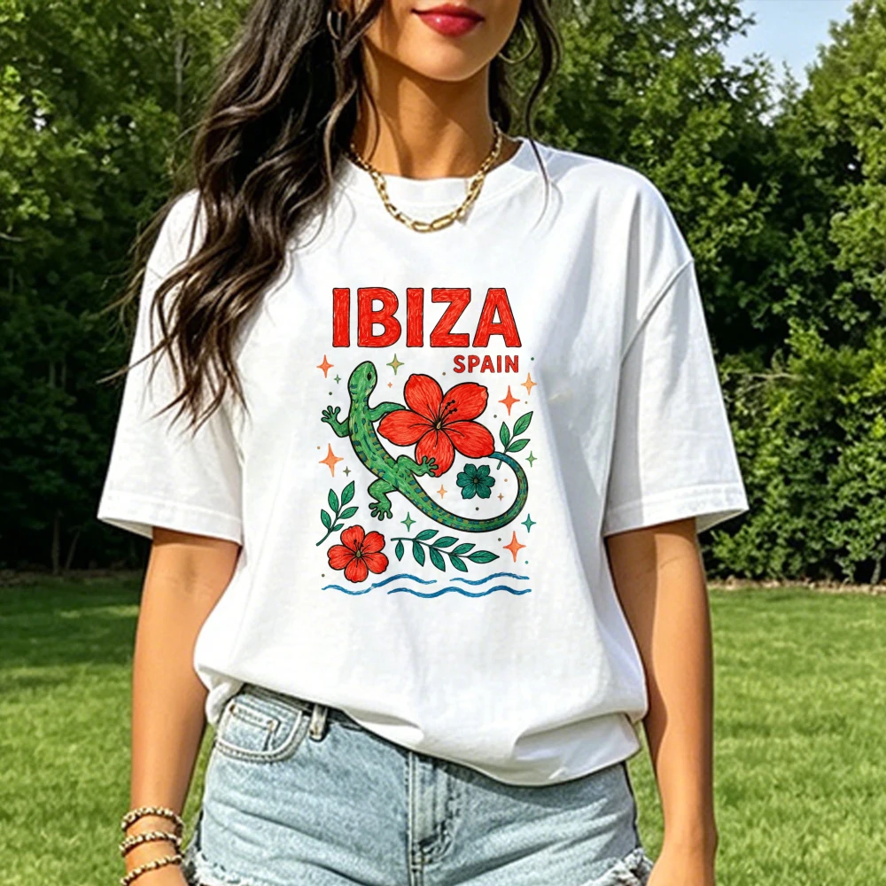 Ibiza Spain Lizard Flower Graphic Tee Tropical Vacation Island Souvenir Short-sleeve Tshirt Trendy Women Men Cotton Casual Shirt