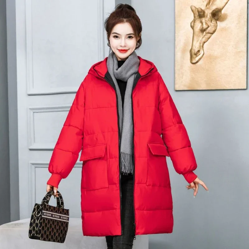 

New Women Cotton Clothes Extra Large Size 150.00kg Wearable Mid Length Version Thicken Warm Hooded Parkas Casual Outcoat Simple