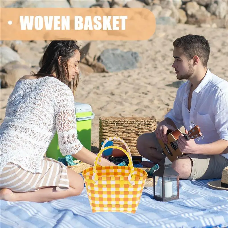 1pc PVC Woven Basket Tote Picnic Basket Fruit Storage Container Handheld Market Shopping Basket PVC Colorful Flower Basket