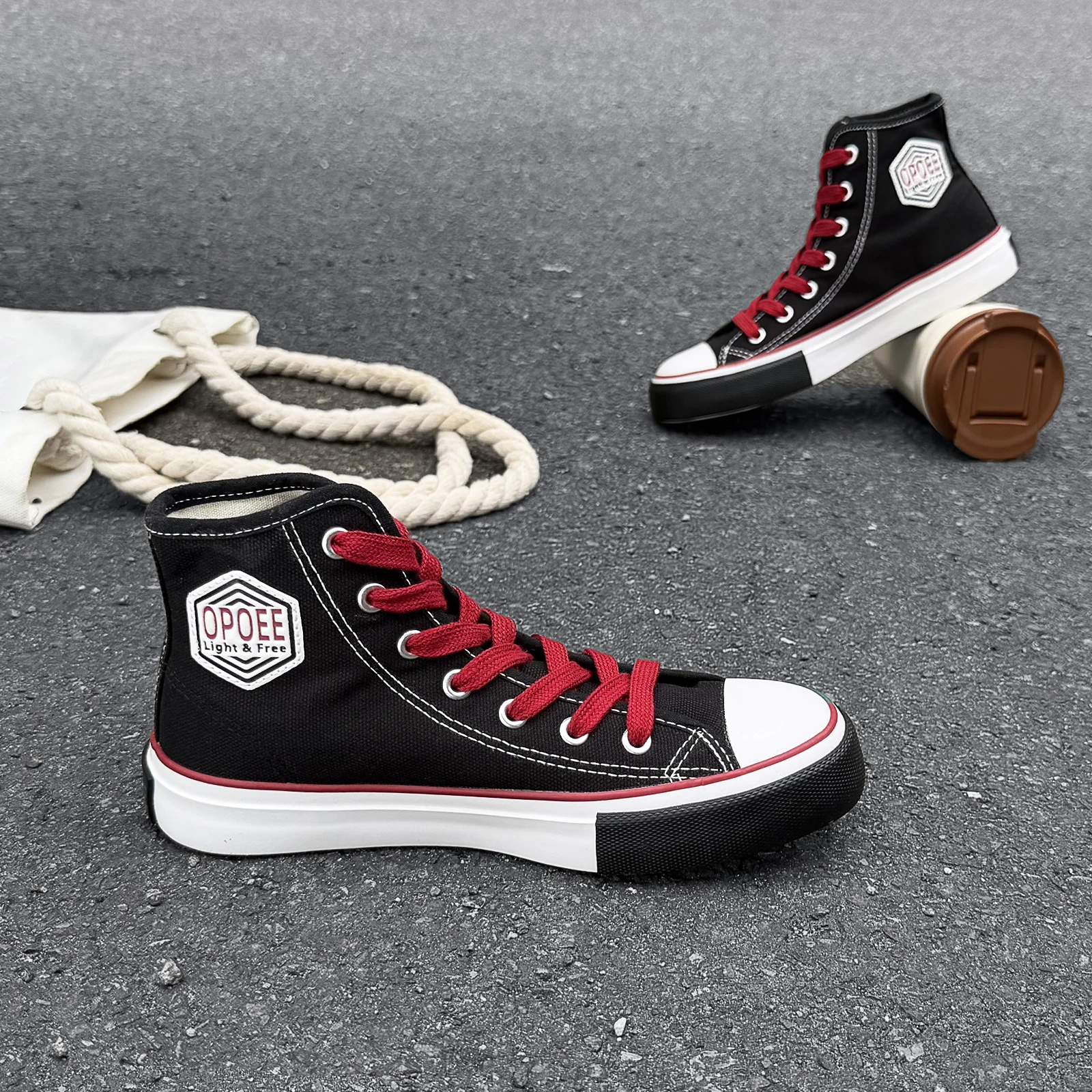 WZ011 OPOEE Spring and Autumn New Breathable Youth High Top Strap Canvas Shoes Solid Color Boys and Girls Board Shoes