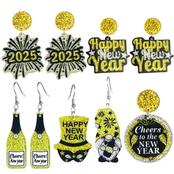 New Year's Celebration Fireworks 2025 Acrylic earrings fashion champagne cheers Happy New Year stars shining leather earrings