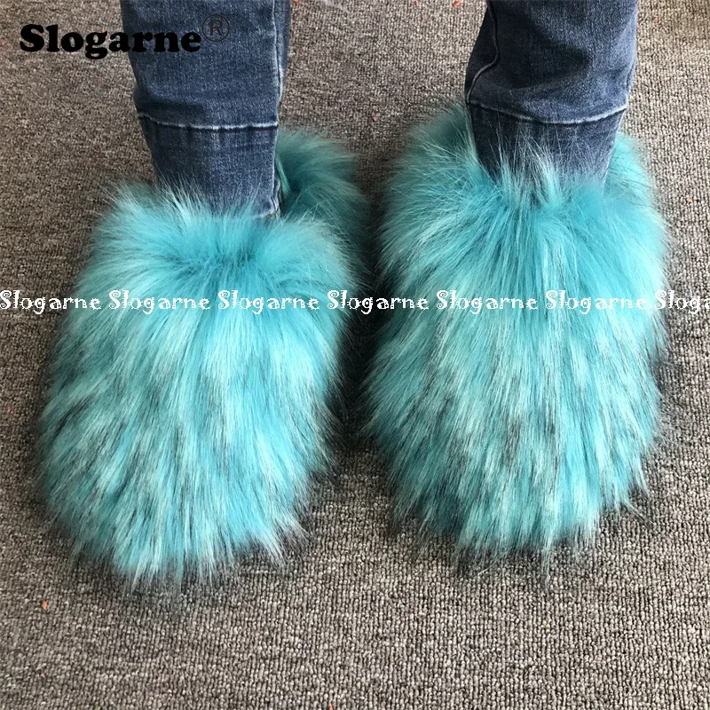 New Colorful Raccoon Fur Slippers Women Winter Faux Fur Shoes Ladies Luxury Furry Slippers Girls Artificial Fox Furs Slides Shoe