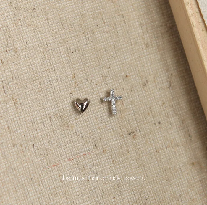 

Real Money 925 Sterling Silver 14K Gold Cross Heart Zircon Stud Earrings Piercing Jewelry For Woman