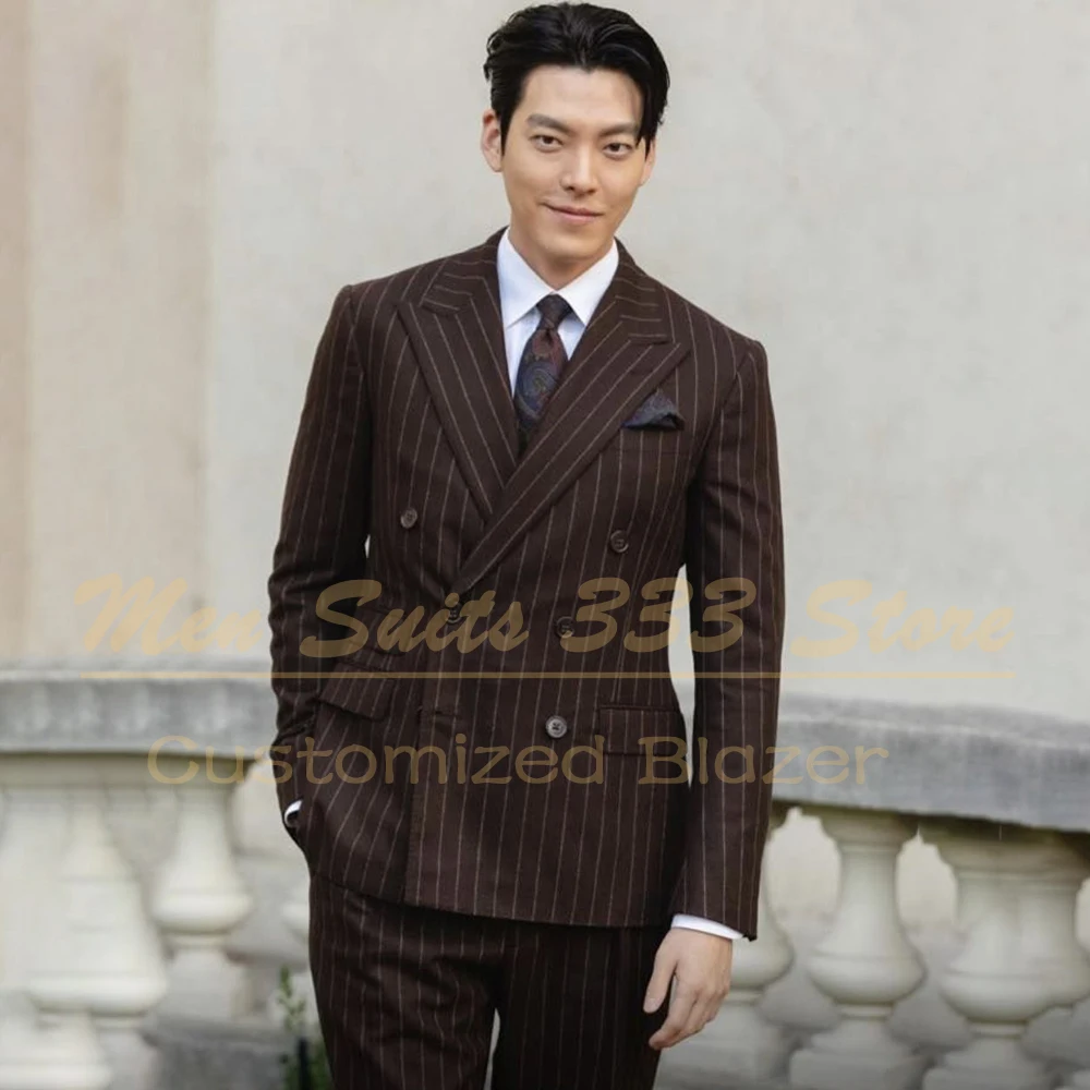 

High Quality Brown Men's Suits Luxury Double Breasted Peak Lapel Skinny 2 Piece Jacket Pants Sets Formal Business Clothing
