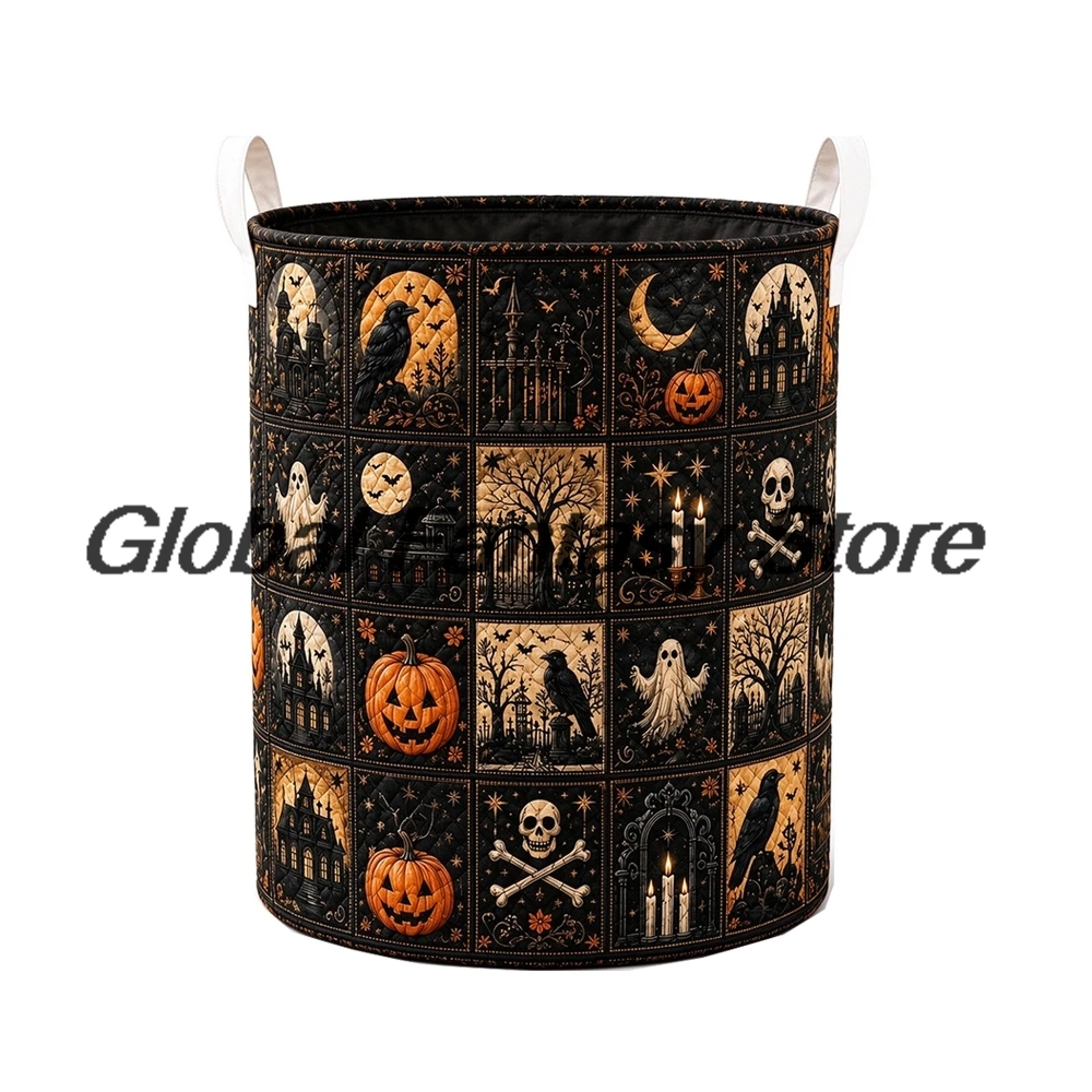 Halloween Haunted House Patchwork Quilted Storage Basket With Handles Large Laundry Hamper Foldable Clothes Home Organizer Bin