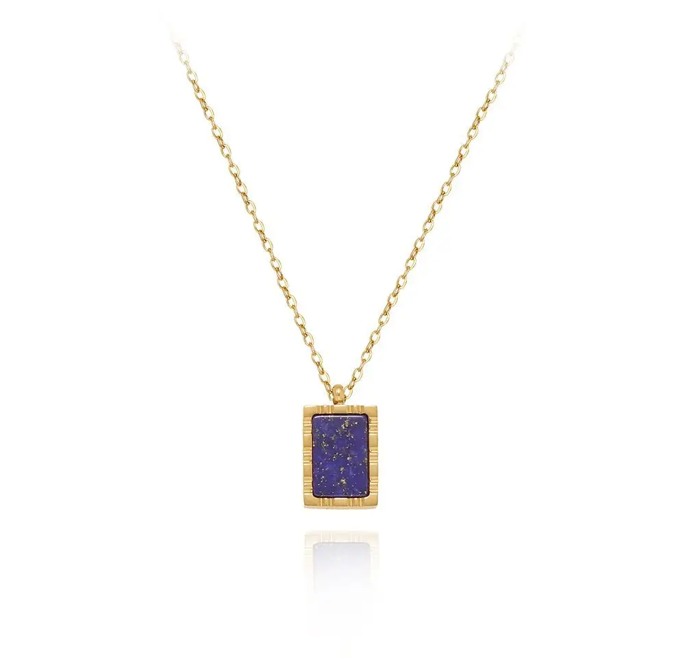 Exquisite Stainless Steel Natural Lapis Lazuli Geometric Pendant Necklace for Women Waterproof Metal Statement Fashion Jewelry