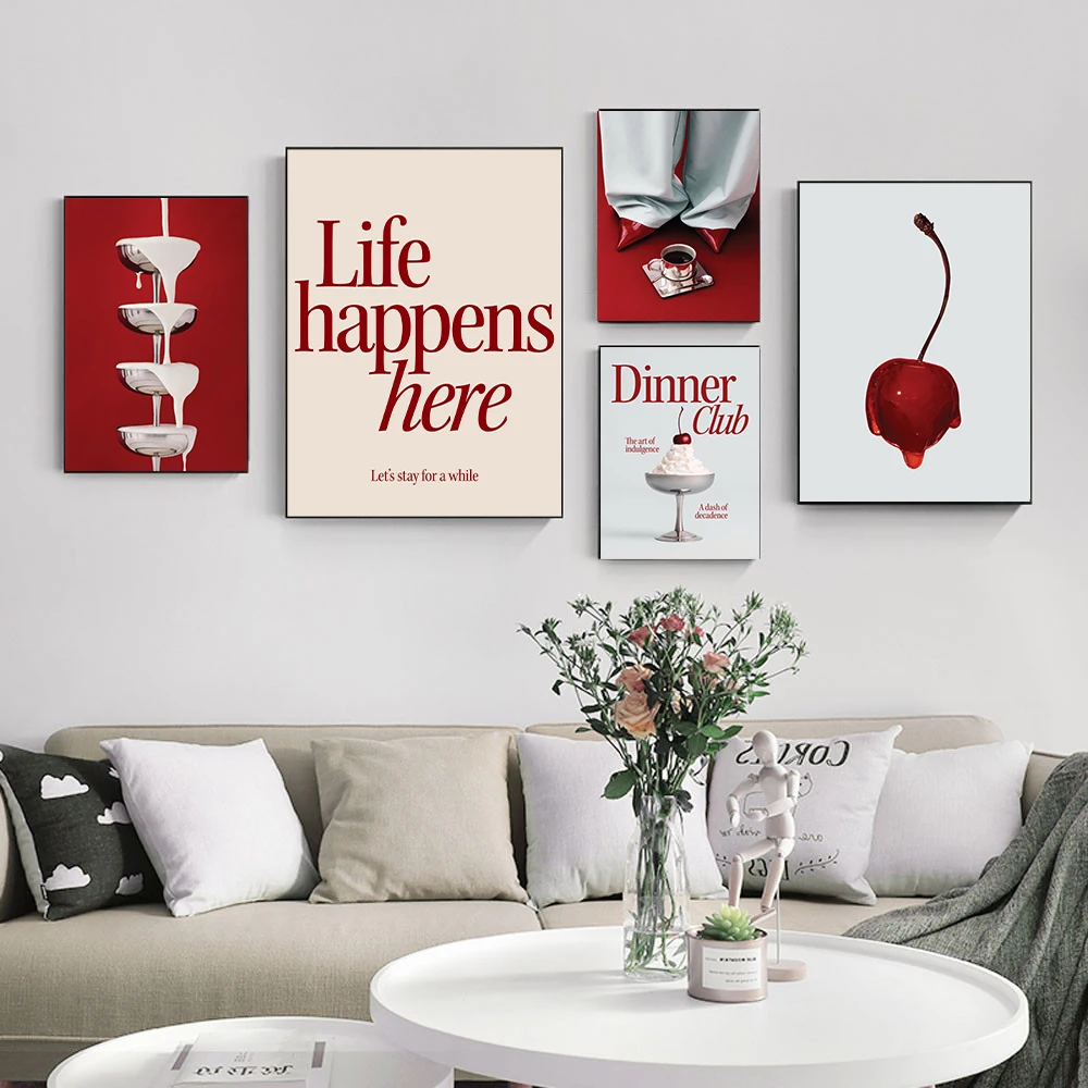 Large Red High Heels Cherry Painting Wall art, Quotes Posters and Prints, Red Quotes Painting, Living Room Wall Decor, No Frame
