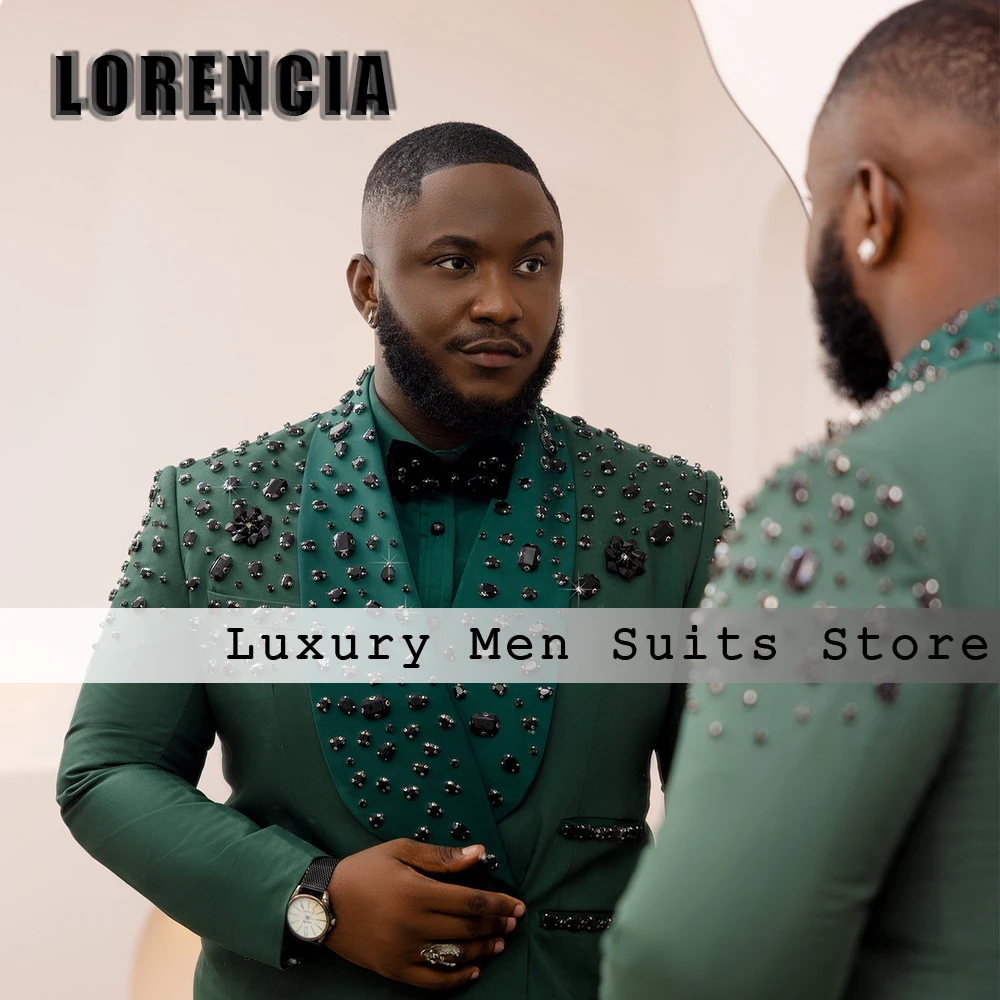 

Sparkly Rhinestone Men Suits 2 Pieces Shawl Collar Tuxedos Wedding Party Outfit Customized Blazer Pants traje juvenil masculino